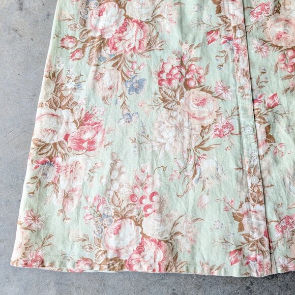 Vintage Chaps Green Pink Antique Floral Button Front Linen Midi Skirt size 12 - Picture 4 of 7
